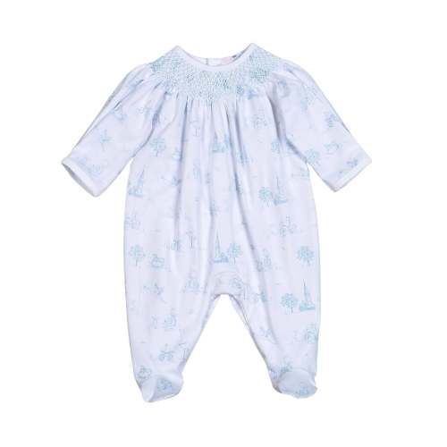 Baby Loren Blue Baby Toile Hand Smocked Footie