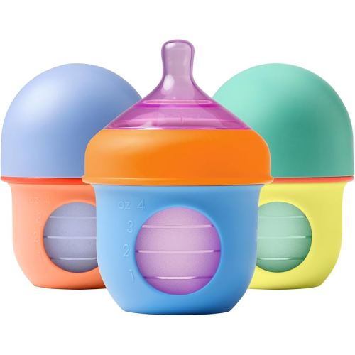 Boon Nursh Reusable Silicone Pouch Baby Bottles - Slow Flow Nipple - Silicone Baby Bottle Pouch and Nipple - Baby Feeding Essentials - Color Block - 0-3 Months - 3 Count - 4 Ounce