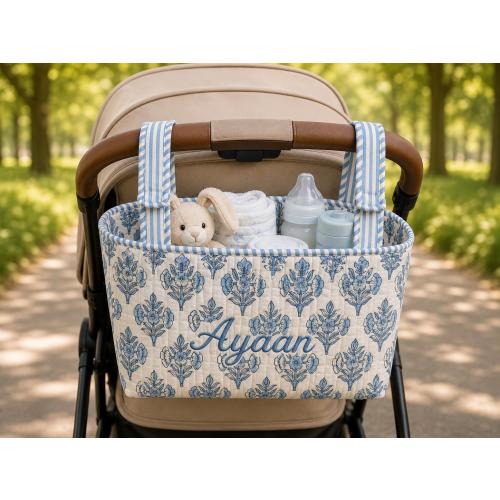 Blue Floral Block Print Stroller Organizer Caddy.