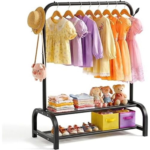 Kids Clothing Rack, Small Baby Clothes Rack with 2 Fabric Storage Shelves & Hooks, Kids Dress Up Rack Storage for Costumes, Princess Dresses & Shoes Portable Garment Rack for Hanging Clothes, Black