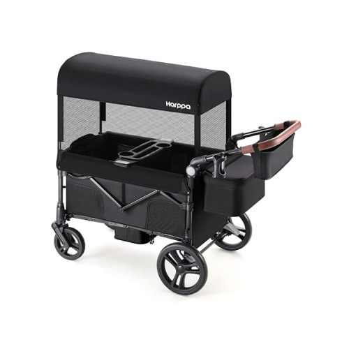Harppa Remy Foldable Wagon Stroller for 2 Kids with Mosquito Net UPF 50+ Canopy, 110 lbs Capacity, 5-Point Harness, All-Terrain Wheels, Adjustable Handle for Park Zoo Camping Twins and Siblings Black