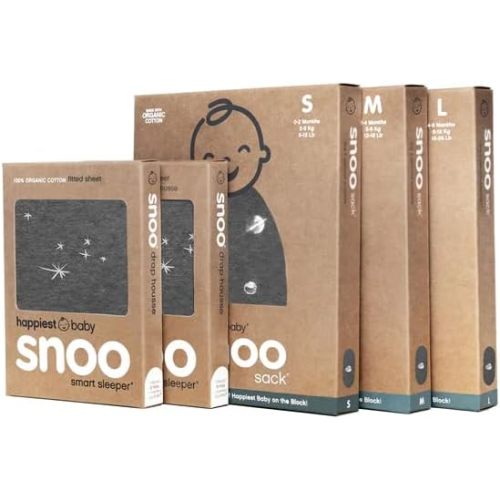 Happiest Baby The Big Bundle 100% Organic Cotton - Includes 3 SNOO Sacks and 2 SNOO Bassinet Fitted Sheets (Charcoal Planets)