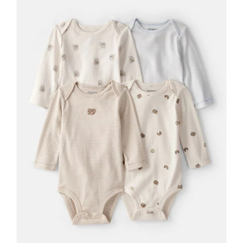 Baby 4-Pack Snack Time Long-Sleeve Multipack Bodysuits - Blue/White/Brown | Carter's