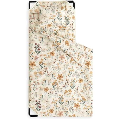 Wake In Cloud - Cot Nap Mat with Pillow and Blanket, for Toddler Kids Boys Girls in Daycare Kindergarten Preschool Pre K with Elastic Corner Straps, Floral Botanical Flowers, Orange Cream