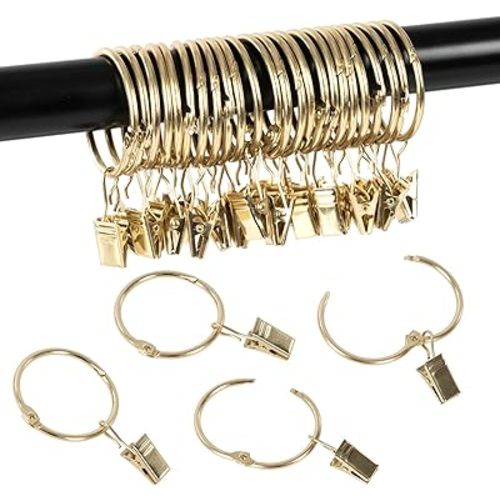 Openable Curtain Rings with Clips,1inch Inner Diameter,Heavy Duty Rustproof Metal Decorative Vintage Drapery Rings Curtain Clips Rod Hangers Door Curtain and Shower Curtain Rings Gold Zocang