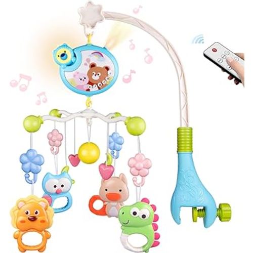 Crib Mobile with Music and Lights, Baby Mobiles for Cribs, Nursery Musical Mobile for Bassinets Toys Hanging Girls Boys, Pack and Play Space Portable Animal Mobile Hanger Arm Clip On Attachment