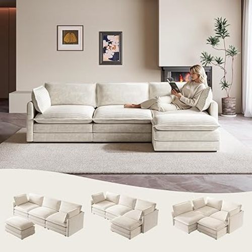 ROWHY 104'' Modular Sectional Cloud Couch with Movable Ottoman, 4 Seat Modern Corduroy Sofa, Deep Seat L Shaped Couch for Living Room Bedroom Apartment, Beige