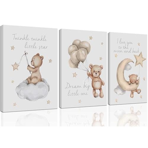 3Pcs Teddy Bear Wall Art Cute Little Bears Wall Decor Slepping Teddy Bears Posters Prints Moon Star Cloud Neutral Nursery Canvas Pictures for Kid's Room or Bedroom Painting Framed