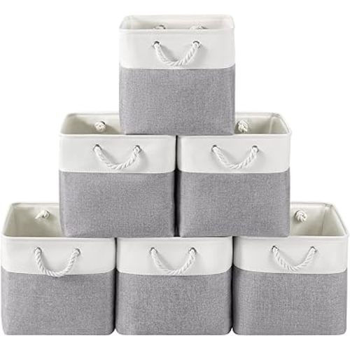 13 x 13 Inch Cube Storage Bins, 6 Pack Fabric Storage Basket with Handles, Foldable Boxes Organizer for Shelf Baskets for Home, Clothes (White/Grey)