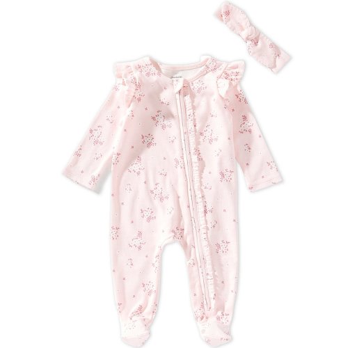 Mud Pie Baby Girls Floral Blossom Zip Front Footie Pajamas & Bow Set
