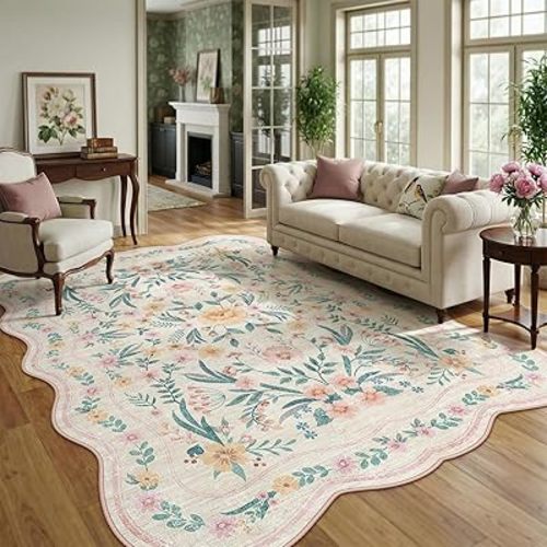 8x10 Scalloped Rug for Living Room, Pink Floral Rug for Girls Bedroom,Washable Rugs Soft Low Pile Non Slip Rugs for Nursery College Bedroom Decor Kids Room Playroom