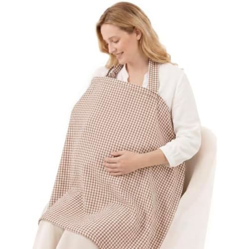 Blissful Diary Muslin Nursing Cover for Breastfeeding, Breathable Breastfeeding Cover up with Arch Neckline for Women, Nursing Apron (Brown Gingham)