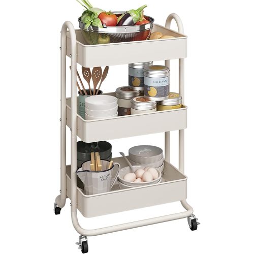 MIOCASA 3-Tier Metal Utility Rolling Cart, Heavy Duty Multifunction Cart with Lockable Casters, Easy to Assemble, Suitable for Office, Bathroom, Kitchen, Garden
