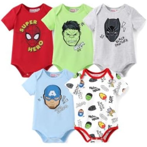 Disney Marvel Cars Toy Story Baby Clothes, 5 Pack Short-Sleeve Bodysuits, Newborn to Infant Outfits Costumes, 0-18 Months