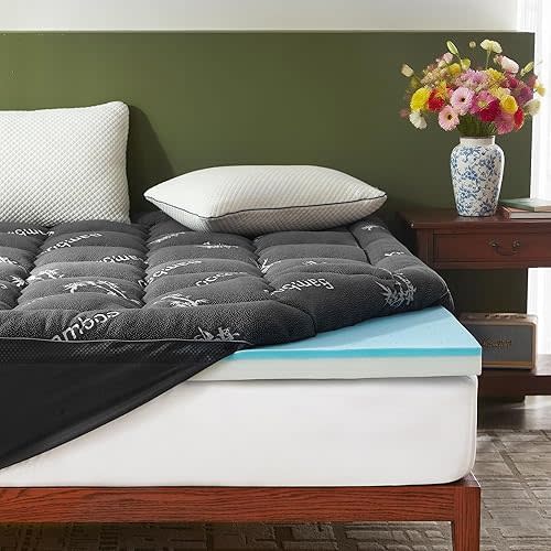 BEDLORE 4 Inch Memory Foam Mattress Topper King,2-in-1 Dual Layer Design (2" Gel Memory Foam + 2" Plush Pillow Top Cover) Mattress Topper Medium-Firm,Pressure Relief & Back Pain Support(Dark Gray)