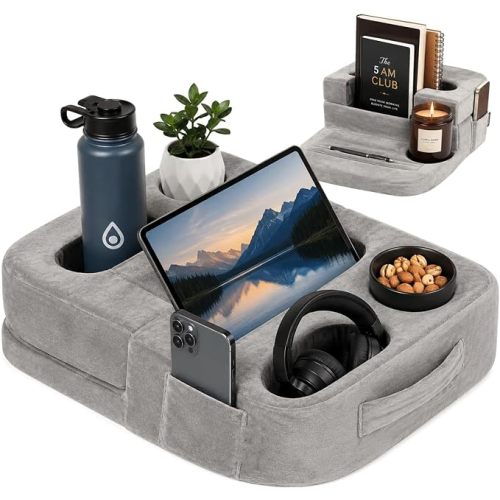 Couch Cup Holder Pillow for Sofa and Bed, 5 Pocket Drink Holder Caddy for Phone, Remote, Tablet and Game Controller, Spill Resistant Cup Holder for Couch, Car, RV and Camping