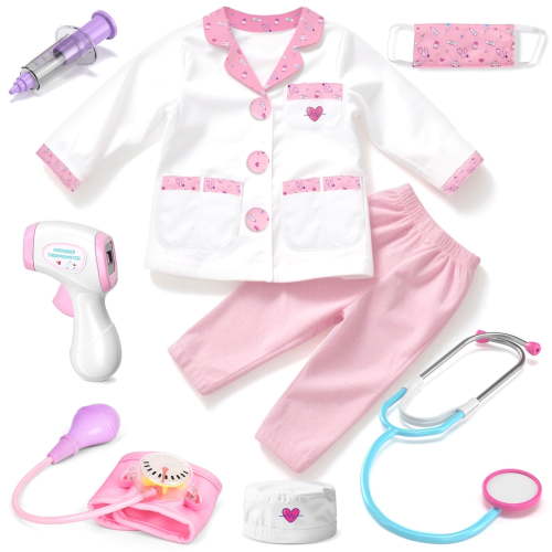 Doctor Costume for Kids Doctor Coat, Doctor Dress Up and Play Set 8 PCS with Real Stethoscope, Lab Coat Career Day Costume Kit for Toddlers Girls 3-12 - Pink