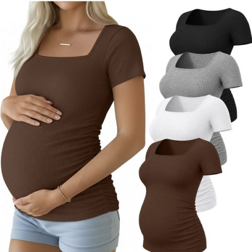 Huukeay 4 Pack Women's Maternity Shirts Square Neck Maternity Tops Cotton Ribbed Short Sleeve Side Ruched Pregnancy Clothes