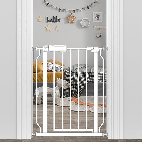 Narrow Baby Gate 24 to 29 Inch Wide Pet Gate Pressure Mounted No Drill Safety Gate Walk Through Metal Child Gate for Kids Stairs or Pets Indoor White