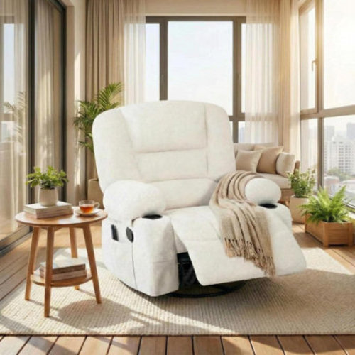 Rebrilliant Oversized Wide Recliner with Heat & Massage, 360° Swivel Rocker, Chenille Fabric, Cup Holders & Side Pocket | Wayfair