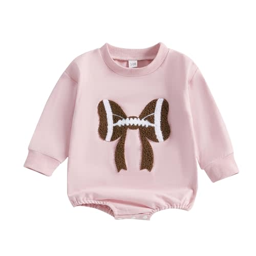 Karuedoo Newborn Baby Boy Girl Football Outfit Football Bow Sweatshirt Romper Oversized Long Sleeve Bubble Romper Bodysuit