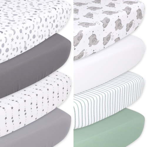 The Peanutshell Celestial Stars and Elephant Fitted Crib Sheets, Unisex 8-Pack Set, Grey, Green