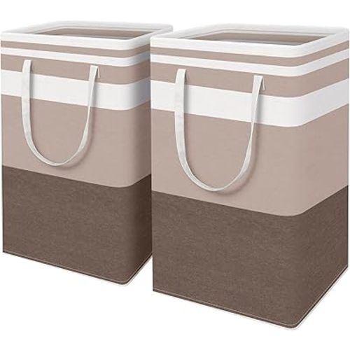 HomeHacks 2-Pack Large Laundry Basket, Waterproof, Freestanding Laundry Hamper, Collapsible Tall Clothes Hamper with Extended Handles for Clothes Toys in the Dorm and Family (Brown, 88L)