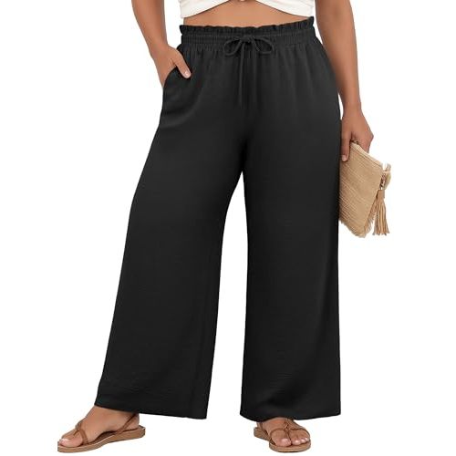 OLRIK Women's Plus Size Pants High Waisted Wide Leg Adjustable Drawstring Long Straight Trousers Fall Outfits