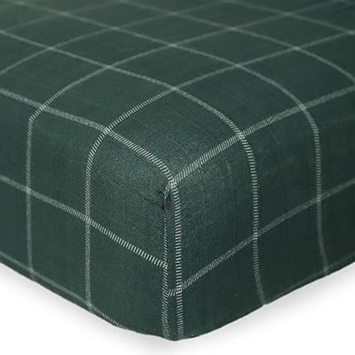 Little Unicorn Fitted Crib Sheet | 100% Cotton Muslin | Super Soft | Sized for Standard Baby Crib & Toddler Mattress | Machine Washable | 52” x 28” x 6” (Evergreen Plaid)