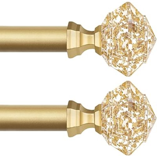 TONIAL 2 Pack Curtain Rods 32 to 58 Inch, Telescoping Splicing 3/4 Single Rods for Windows 20 to 53 Inch, Decorative Drapery Rod with Translucent Diamond Finial, Luxury Gold