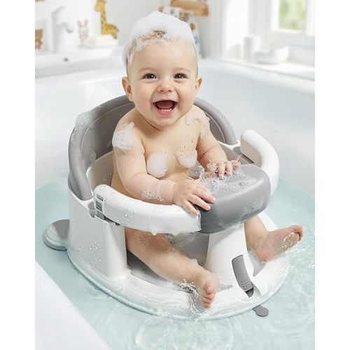 ONTHEWEI Baby Bath Seats for Babies Sitting Up, Non-Slip Baby Bathtub with 3 Suction Cups, Safe & Comfortable Toddler Bath Seat Ideal for Baby Bath/Shower Support, Stable Design, Grey (6-24 Months)