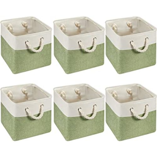 6 Pcs 11 x 11 Inch Cube Storage Bins Fabric Storage Organizer Bins Foldable Cube Baskets with Sturdy Carry Handles Wicker Baskets for Home (Green,White)