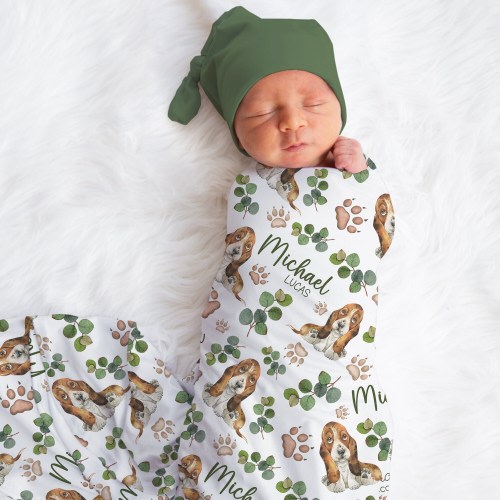 Personalized Basset Hound Puppy Swaddle Blanket Dog Name Baby Blanket Newborn Baby Boy Coming Home Outfit Dog Lover Gift Baby Shower Gift