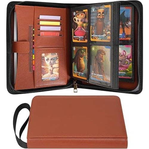 Wonderpool Card Binder A5 Album Zippered 4-Pocket Trading for 240 Cards - Leather PU Card Holder Collection Storage Folder, Side-Loading for Photo Pokemon, MTG, TCG, Yugioh, Sports Cards (Brown)