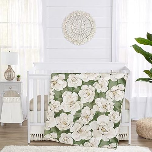 Sweet Jojo Designs Sage Green Boho Flower Floral Girl Baby Crib Bedding Set Infant Nursery Room Blanket Fitted Sheet Skirt Ivory Shabby Chic Bohemian Watercolor Garden Nature Modern Beige Fringe 4pc