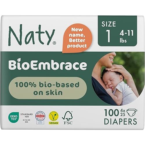 Naty BioEmbrace Baby Newborn Diapers Size 1 (4–11 lbs) | 100% Biobased on Skin | Plant-Based Softness | Dermatologically Tested, Super Absorbent | 100 Count