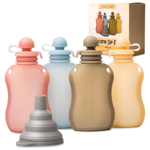 Reusable Pouches for Toddlers Silicone Refillable Baby Food Feeder with Funnel, Food Storage for Kids Squeezable Pouch, Washable & Freezer - Perfect for Fruit, Yogurt and Smoothies, 5oz, 4 Pack