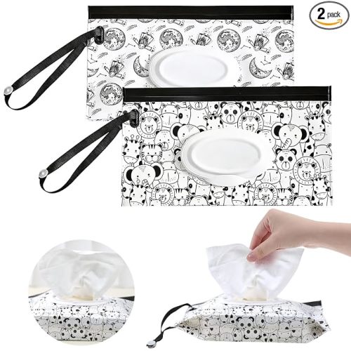 2Pack Baby Wipes Dispenser Portable Baby Wipe Holder Refillable Wet Wipes Container Reusable Travel Wipes Case, Keeps Wipes Fresh (Black)