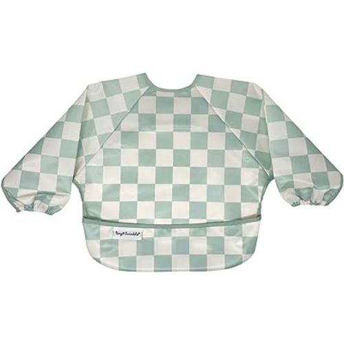 Tiny Twinkle Mess Proof Baby Bib,Waterproof Smock Baby Bib for Eating,Machine Washable Long Sleeve Bib,Baby Led Weaning,Toddler Bib,BLW Supplies(Checkers Sage, Small 6-24 Months)