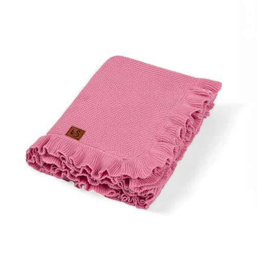 Ruffle Knit Blanket for Baby - 100% Luxury Soft Cotton Knit Warm Cozy Cuddle Stroller Crib Blanket for Newborns, Infants, & Toddlers (Rose Pink)