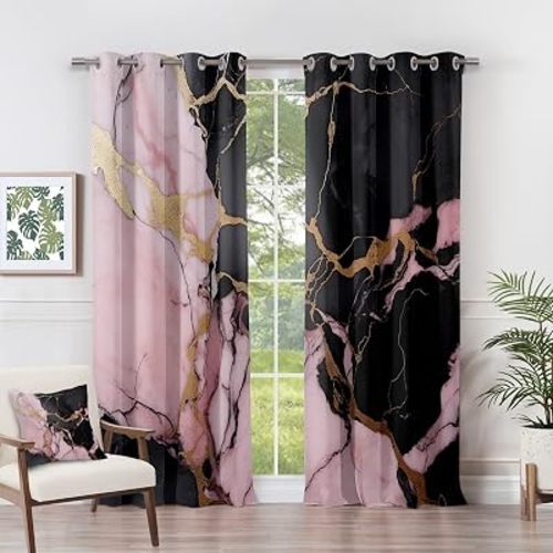 Marble Curtains 63 Inch Length - Pink and Gold Black Abstract Modern Patterned Blackout Curtains for Living Room Bedroom, Room Darkening Grommet Drapes Window Treatments, 2 Panel Set