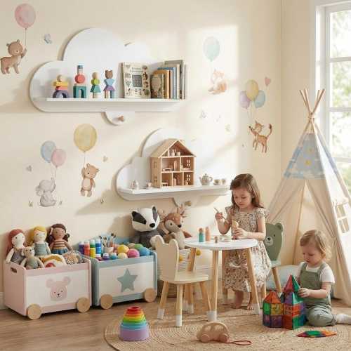 Cloud Wall Mounted Kids Bookshelves Set of 2, Floating Nursery Book Shelves with Compartments, Wooden Space Saving Rack for Bedroom Playroom
