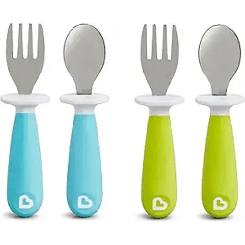 Munchkin® Raise™ Toddler Fork and Spoon Utensil Set, Rest Keeps Tip Off Table, BPA Free, 4 Pack, Blue/Green