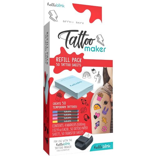 Hello Blink Tattoo Maker Refill Pack – Makes 50 Tattoos - 4 New Markers – Cosmetic Grade, FDA-Compliant DIY Kit for Kids Ages 8+