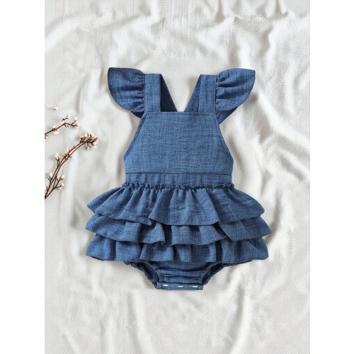 SHEIN Vintaside Kids Baby Girls Cute Comfort Woven Ruffle Trim Cap Sleeve Multi-Layer Puff Suspender Romper, Suitable For Spring & Summer | SHEIN USA