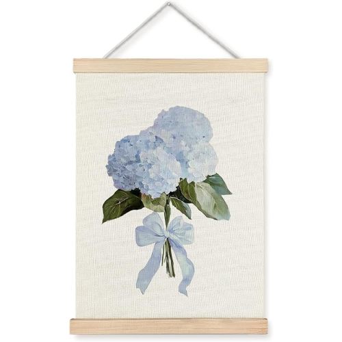 WUCHJ Coquette Hydrangea Floral Wall Art Poster, Rustic Flower Wall Decor, Aesthetic Bow Blue Hydrangea Flower Canvas Prints Artwork for Home Bedroom Living Room Decor, 12x16 Inch