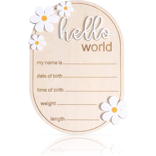 Baby Announcement Sign, 5.91x4.13 Inch Wooden Newborn Announcement Sign Hello World Newborn Sign Welcome Baby Name Sign Birth Announcement Sign for Hospital Nursery