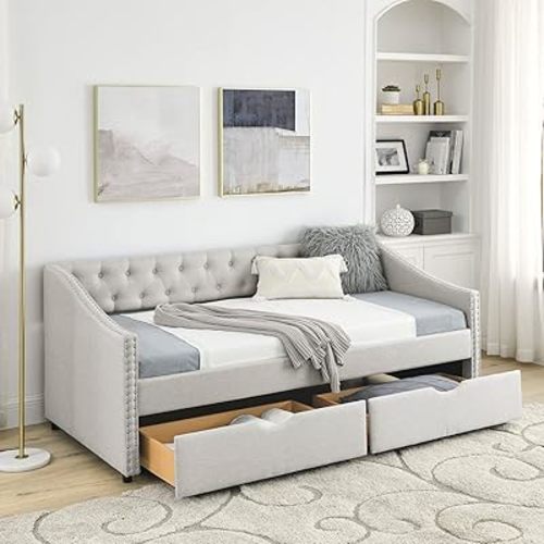Daybed with Drawers, Modern Linen Upholstered Twin Size Day Bed Button-Tufted Sofa Daybed Frame with Double Drawers, No Box Spring Needed, Furniture for Bedroom Living Room Guest Room (Beige, Twin)