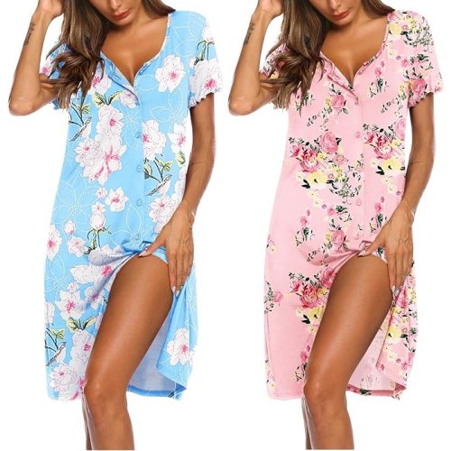Ekouaer 2 Pack Nightgowns for Women Button Down Night Shirts Short Sleeve Sleep Shirts V Neck Sleepwear Pajama Dress