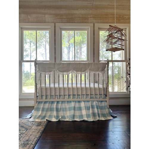White & Blue Buffalo Check Crib Bedding Set – Rail Cover & Skirt